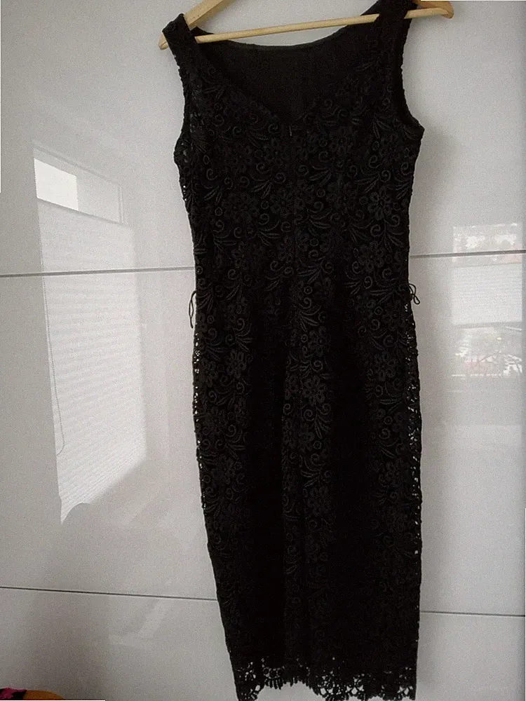 S.Oliver Spitzenkleid Damen Gr. 38 schwarz elegant Kleid Etuikleid Spitze