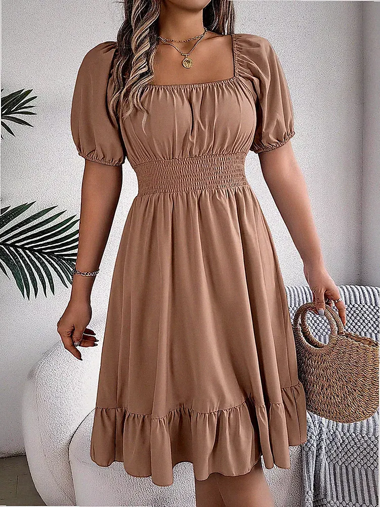 S-XL Damen Midi Kleid Freizeit Quadrat Hals Kurzärmlig Elegant Mode Kleidung Neu