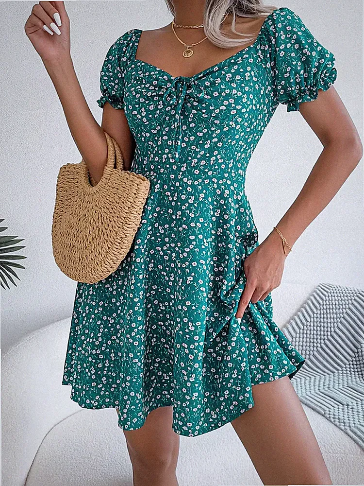 S-XL Elegant Puffärmel Kordelzug Kleid Zum Schnüren Freizeit Kleidung für Damen