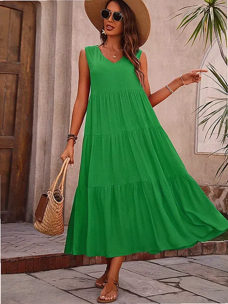 S-XXL Urlaub Strand Kleid Freizeit Urlaub Lang V-Ausschnitt Sommer Mode Neu