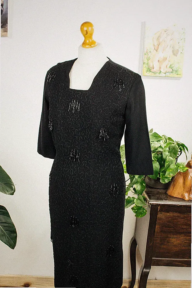 %SALE% Vintage 60s Etuikleid Kleid schwarz Abendkleid Wolle Perlen Rockabella 40