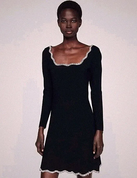 Sandro Karen Crystal Embellished Scalloped Knitted Mini Dress Size M EU 38 UK 10