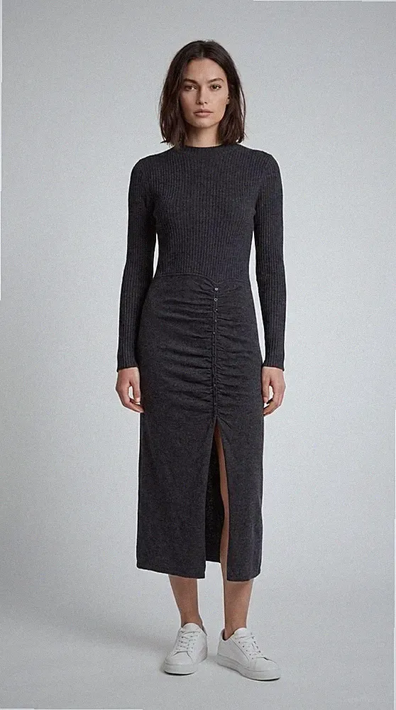 Sandro Kleid Grau Kaschmir Strick Lang Gr. 40 FR Damen SFPRO02583