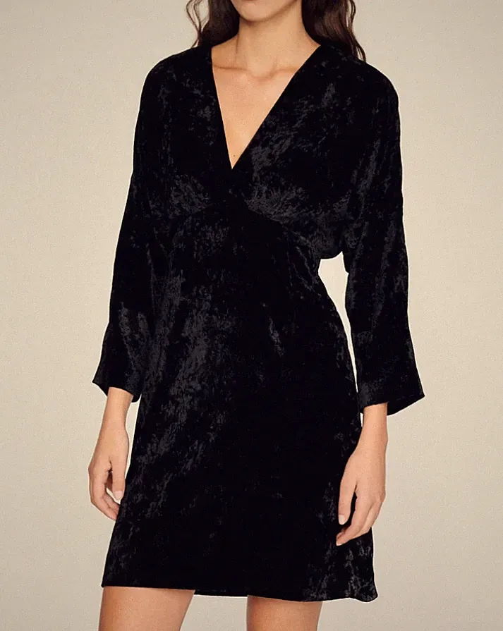Sandro Paris Damen-Kleid aus schwarzem Samt mit V-Ausschnitt, Größe 36 S, UK 8