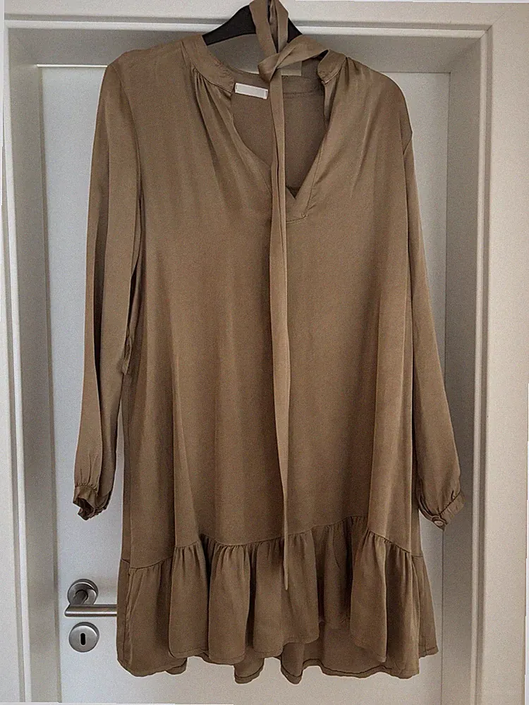 Satin Kleid, Gr. M, Gold/Braun, Langarm, Knielang