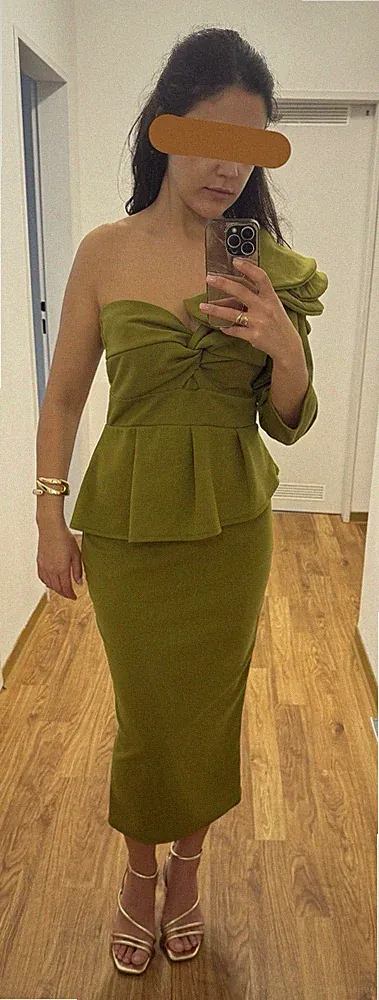 Sazalaxa, One shoulder Kleid Hochzeitsgast Etuilkleid grün* Midi
