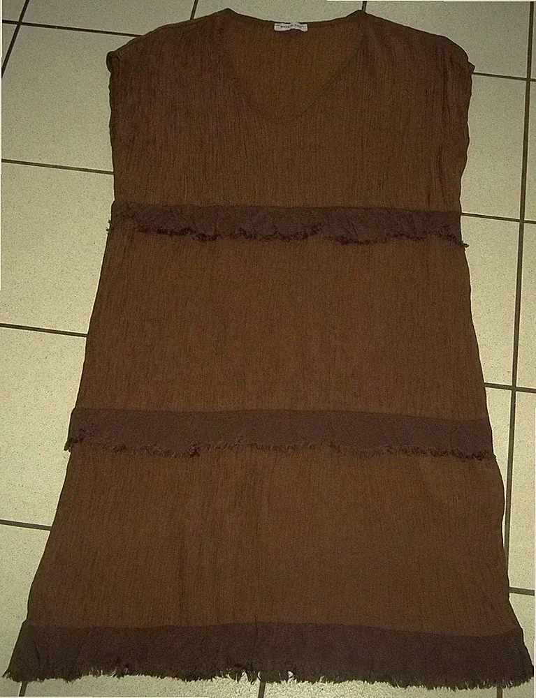Schlupfkleid Fransen Gr, M L 38 40 42 BRAUN Boho Sommerkleid Crinkle IBIZA Kleid