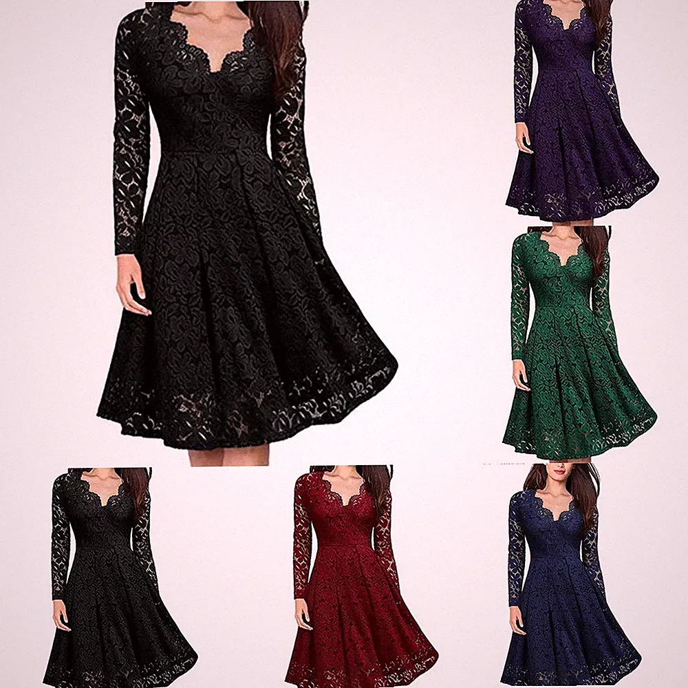 Schönes festliches Damenkleid Blumen Spitze V-Ausschnitt Hochzeitsgast dunkelbl