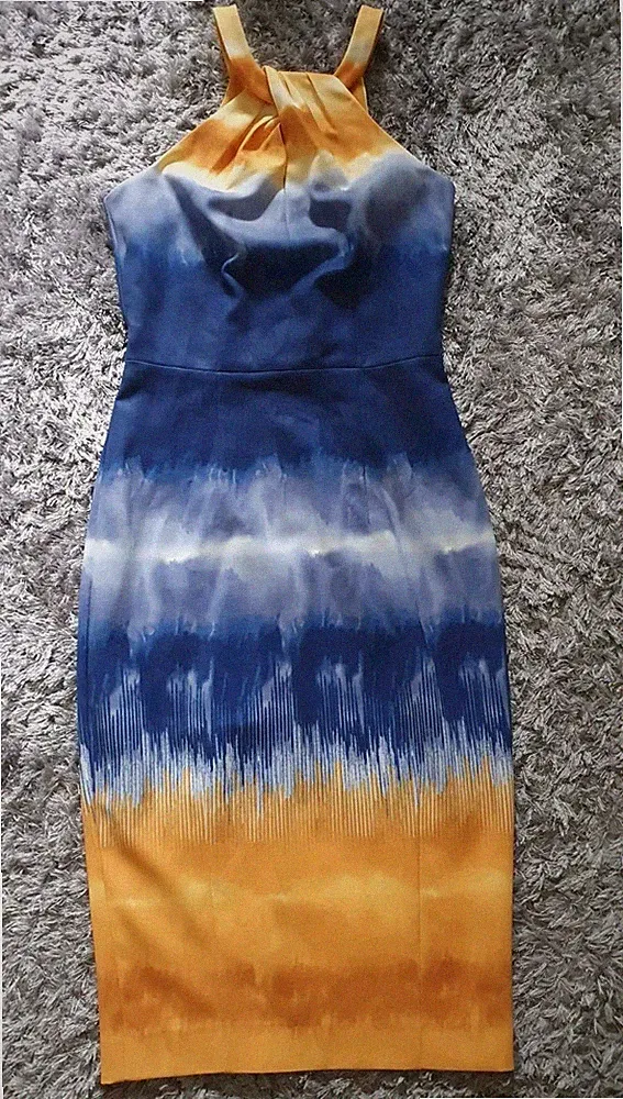 Schönes Midi Kleid, Gr. XS, eng anliegend, Elegant, Farbverlauf, Blau,Orange