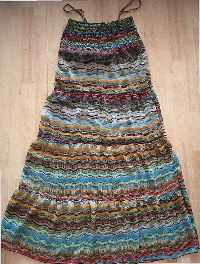 Schönes Retro Damen Freizeit A - Linien Kleid Lang Gr. M Grün Orange Braun Bunt