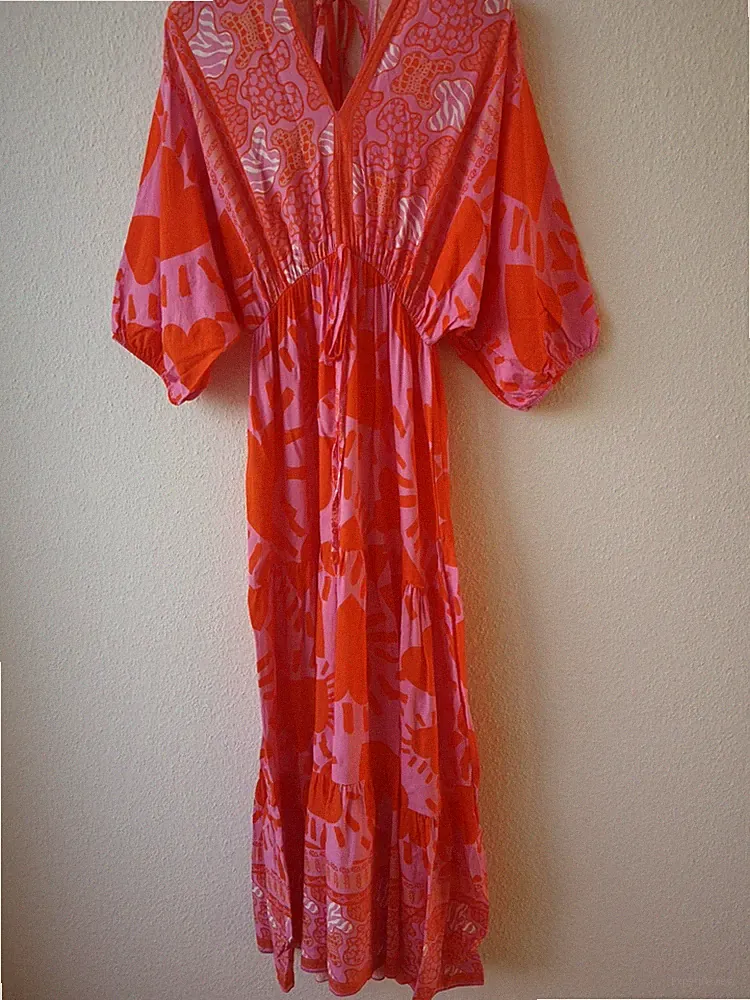 Schönes Sommerkleid in den Farben Pink, Orange, Weiß mit Herzmuster, Gr. 36-40