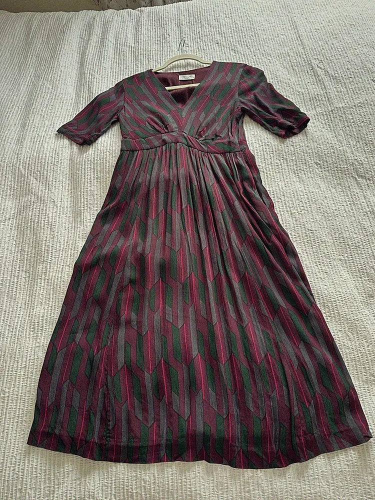 Schönes Toast lila grau grün Krepp Stil Midikleid Größe 10 Taschen KLEINER FEHLER