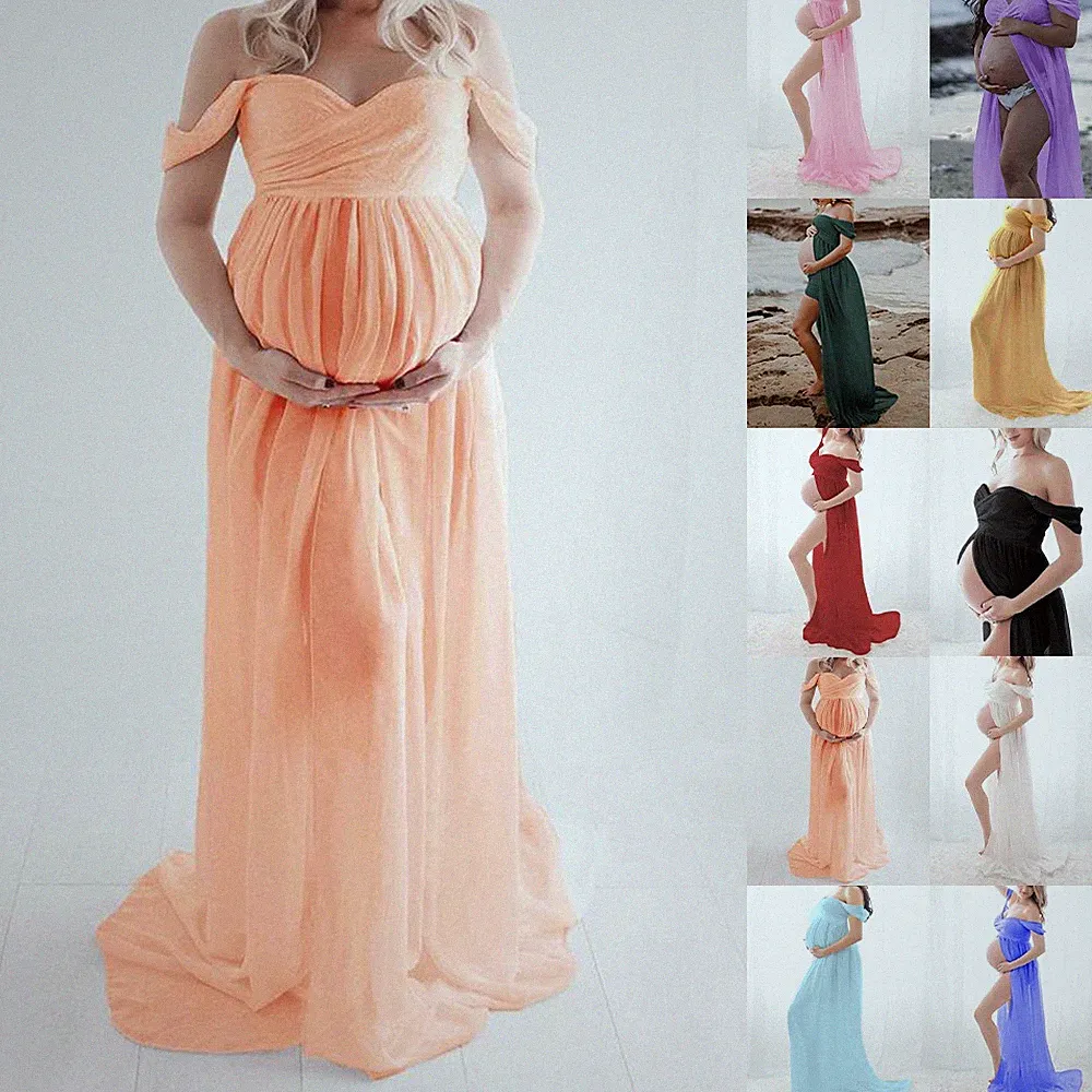 Schulterfreies Maxikleid für Schwangere Frauen Umstandsmode Fotoshooting Fotografie Kleid