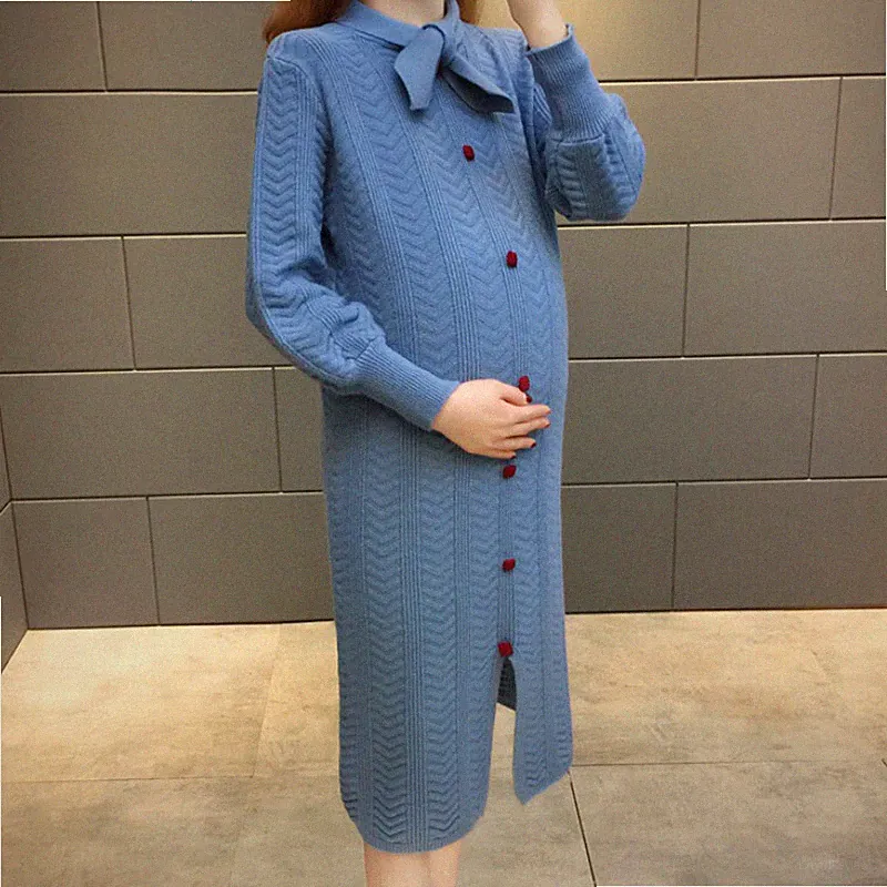 Schwangerschaft Damen Pullover Kleid Strickwaren Elastisch Schleifenknopf Herbst