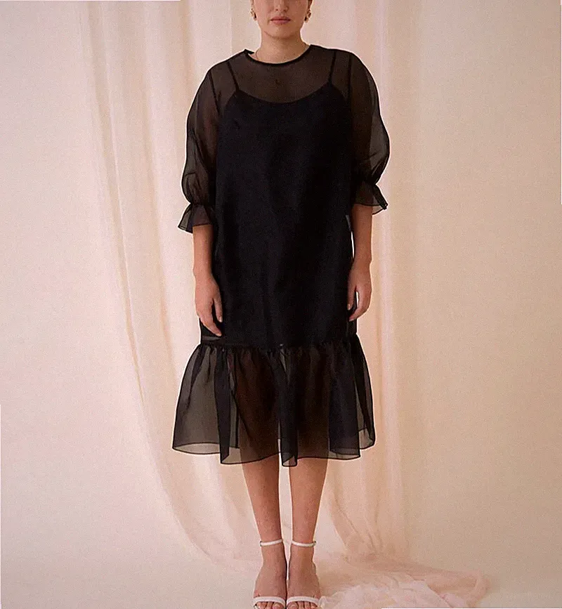 Schwarz Durchsichtig Organza Midi Kleid für Partys &events Bold Feminin &