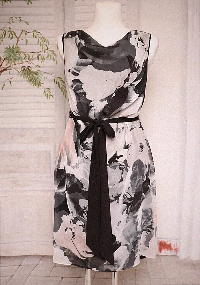 Schwarz Grau Coast Etui Wasserfall Chiffon Viskose StretchKleid Dress UK 14 L 40