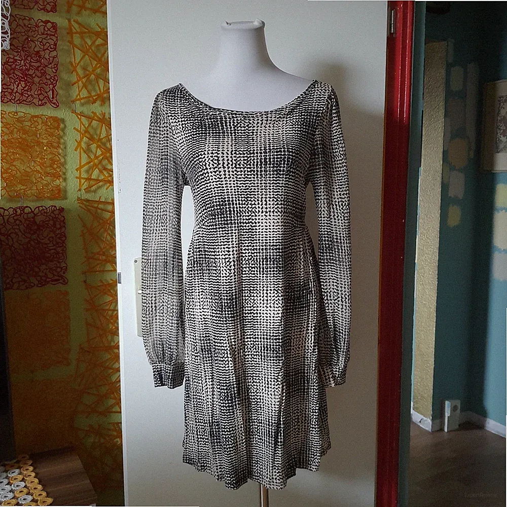Schwarz Weiß Kariertes Midikleid Langarm Bindeband Beige Alltag, Warehouse 42