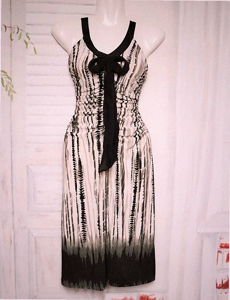 Schwarz Weißes MNG Schleife Neckholder Stretch Kleid Dress Weiß Grau S 36