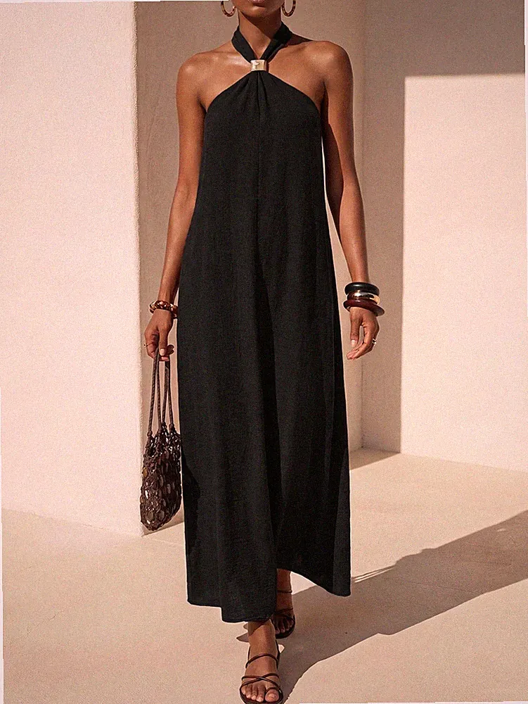 Schwarzes A Linien Damenkleid mit Neckholder Ausschnitt