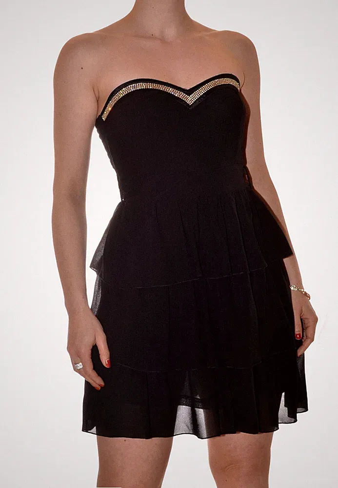 schwarzes Abendkleid mit Volant und Bustier mit Strass gemarkt Gr. M