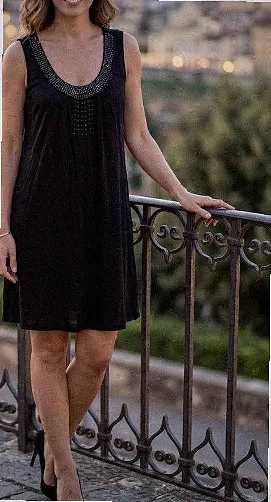 Schwarzes ärmelloses A-Linien-Kleid XL, Strasssteine, Rundhals, kurz, Damen