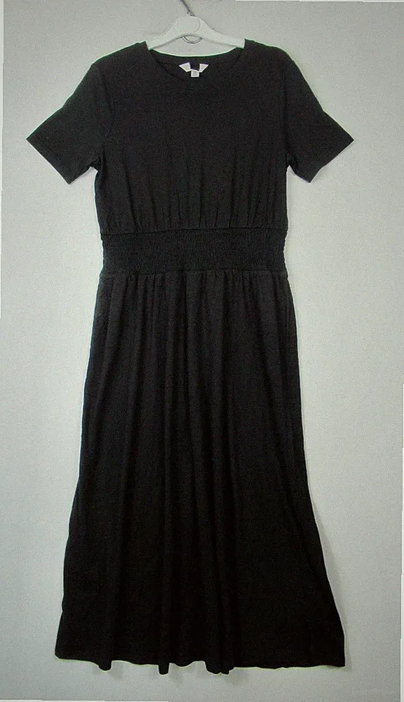 Marks & Spencer schwarz Baumwolle Jersey Kurzarm geraffte Taille Midikleid 8-14