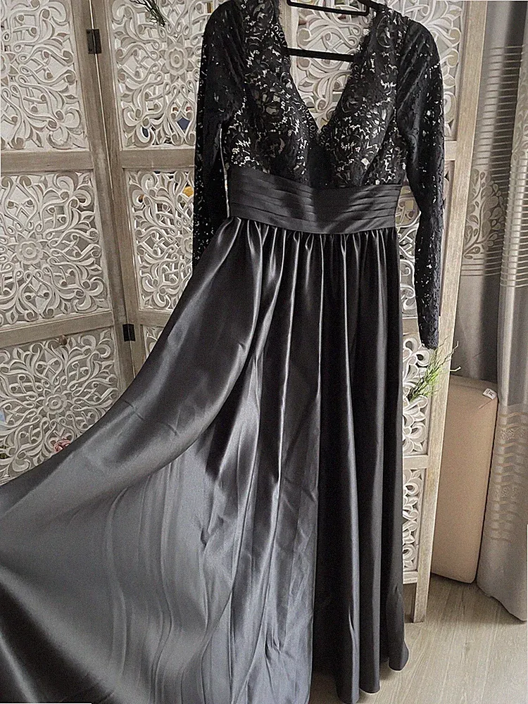 Schwarzes Langes Atlas Abschlusskleid/Abendkleid/Partykleid/Ballkleid Größe M