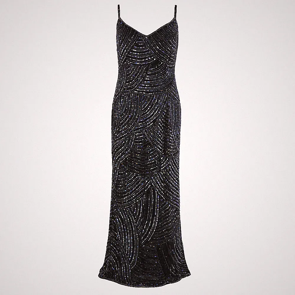 Schwarzes Maxikleid mit Perlen Y2K Träger Pailletten Hochzeitsgast UK 12