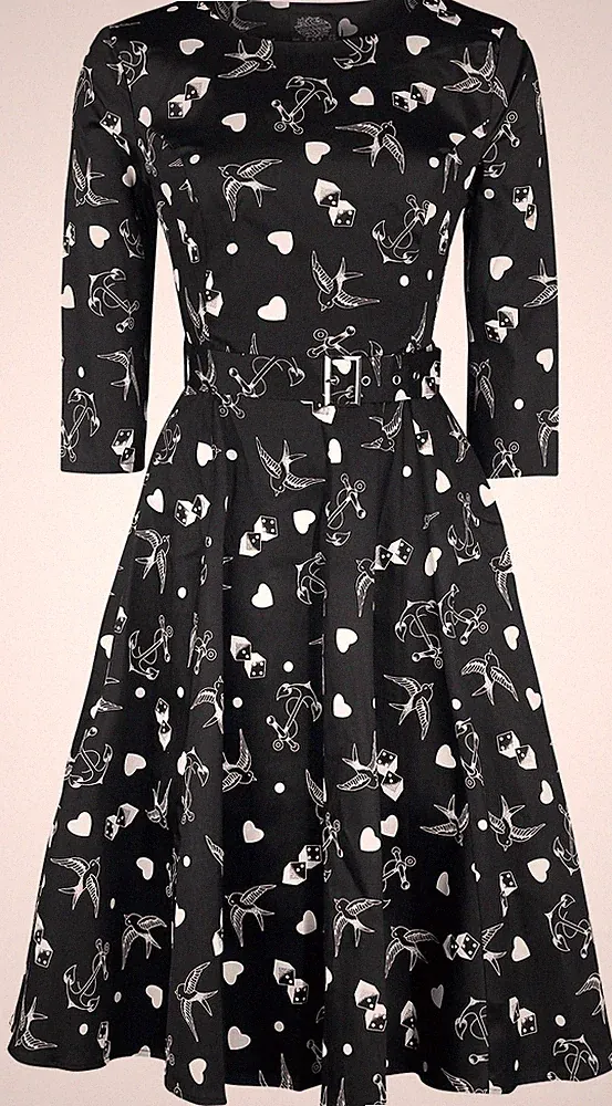 Schwarzes Mittellanges Rockabilly Kleid Swing Dress Größe S / 36 mit Schwalben