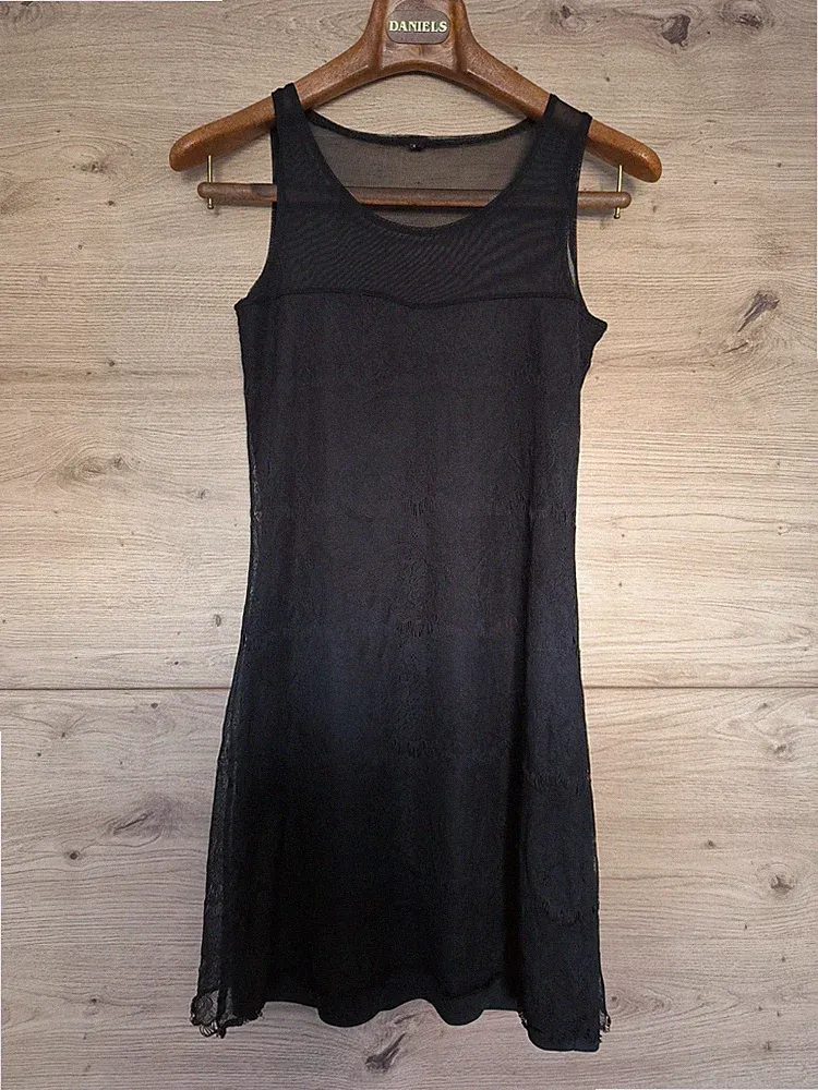 Schwarzes Spitzenkleid Mesh Transparent A-Linie Damen Gr. S Elegant