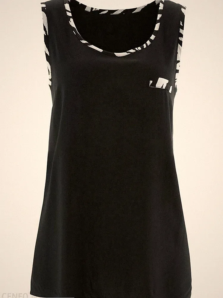 Schwarzes Viskose Sommer T-Shirt, Tank, A-Linie ärmellose Tunika mit Kontrastdetail