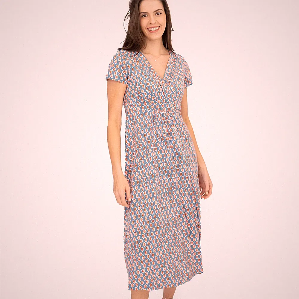 Seasalt Damen Midikleid blau Algen Stempel Tid Chapelle Jersey Wickel V-Ausschnitt