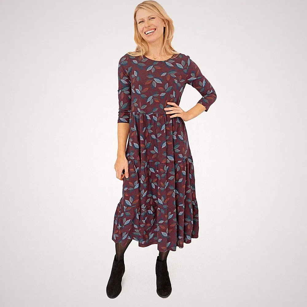 Seasalt Damen Midikleid Burgund Blätter Baumwolle Striche Jersey 3/4 Ärmel Stufen