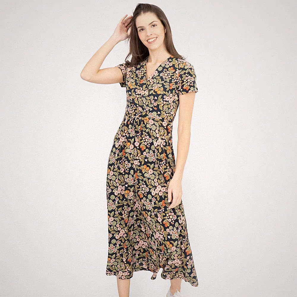 Seasalt Damen Midikleid Chapelle Obstgarten Jersey Blumen Wickel V-Ausschnitt orange