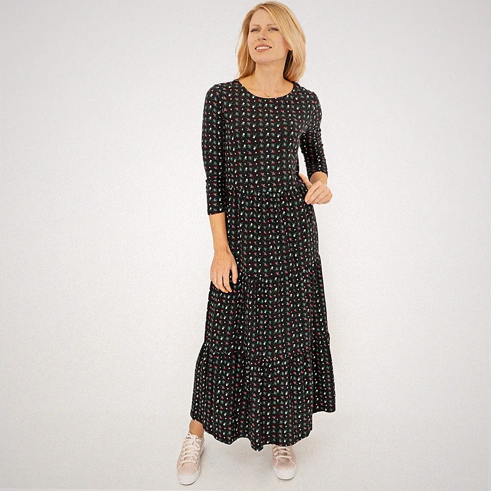 Seasalt Damen Midikleid schwarz Baumwolle Striche Jersey 3/4 Arm Stufen Rundhals