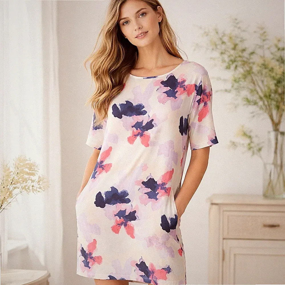 Second Female Floral Viskose Tunika Kleid S UK 8 10 Relaxed Fit Ecru Abstrakt