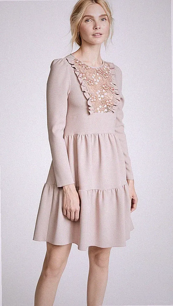 See by Chloé A-Linien Minikleid S 36 beige Spitze bestickt Langarm Rundhals