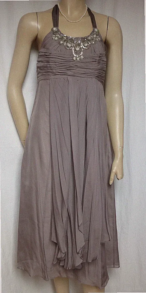 Seidenkleid 34 Hochzeit Cocktailkleid silber grau Seide Perlen Monsoon Kleid