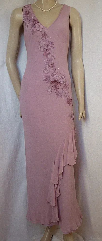 Seidenkleid 34 lila Perlen Hochzeit Abendkleid Seide Fest Kleid bestickt Blumen