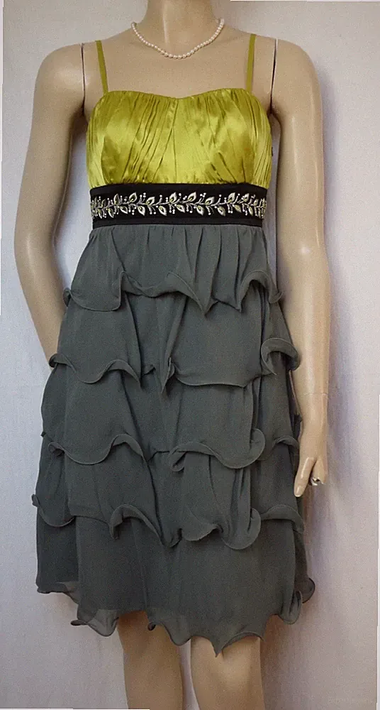 Seidenkleid 36 gold grau festlich Perlen Hochzeit Seide Monsoon Kleid NP 280,00