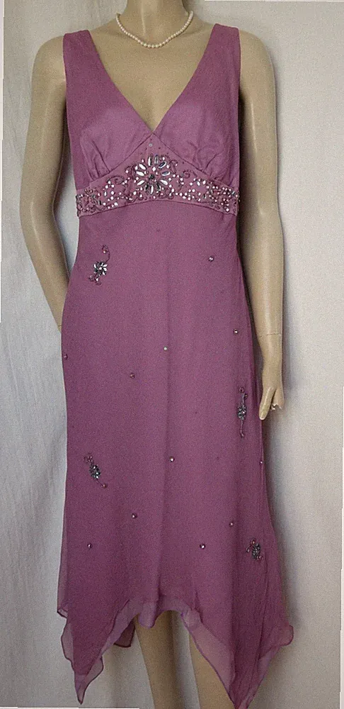 Seidenkleid 44 46 lila Perlen Strass Hochzeit Abendkleid Seide Fest Kleid Zipfel