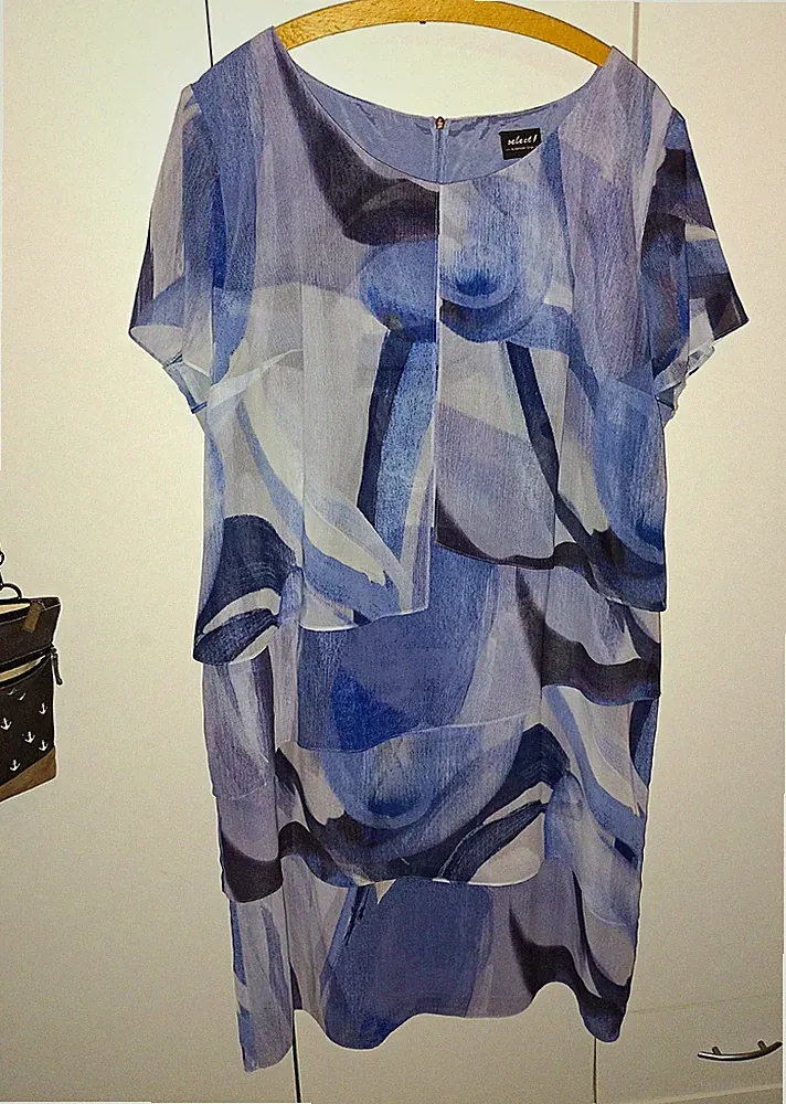 select! by Hermann Lange Abendkleid Gr. 48 Lagenlook abstrakt blau/grau/weiß