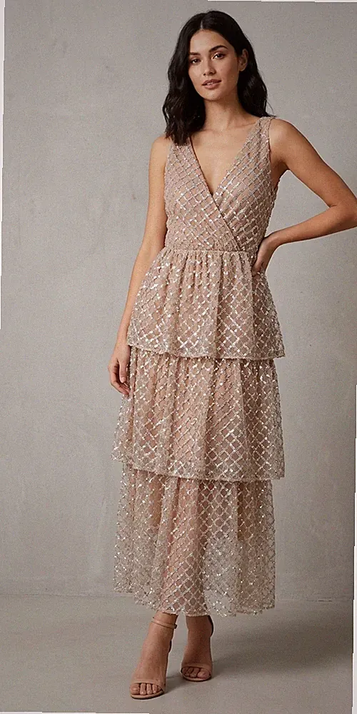Self Portrait hellbraunes Midikleid Gitter Pailletten Stufen 10 neu ohne Etikett Hochzeit Gast Anlass