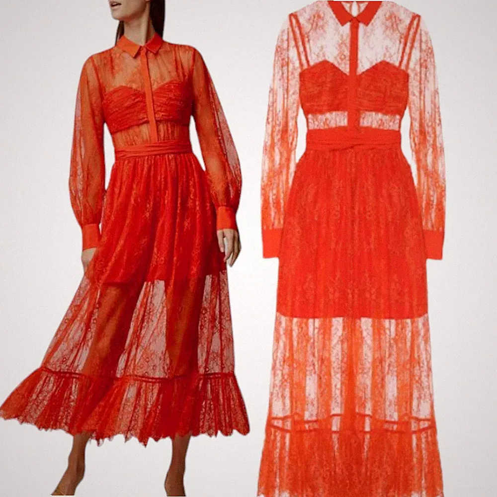 Self Portrait Kleid Spitze Midi Blumen hellrot formeller Anlass Größe UK 12 neu mit Etikett