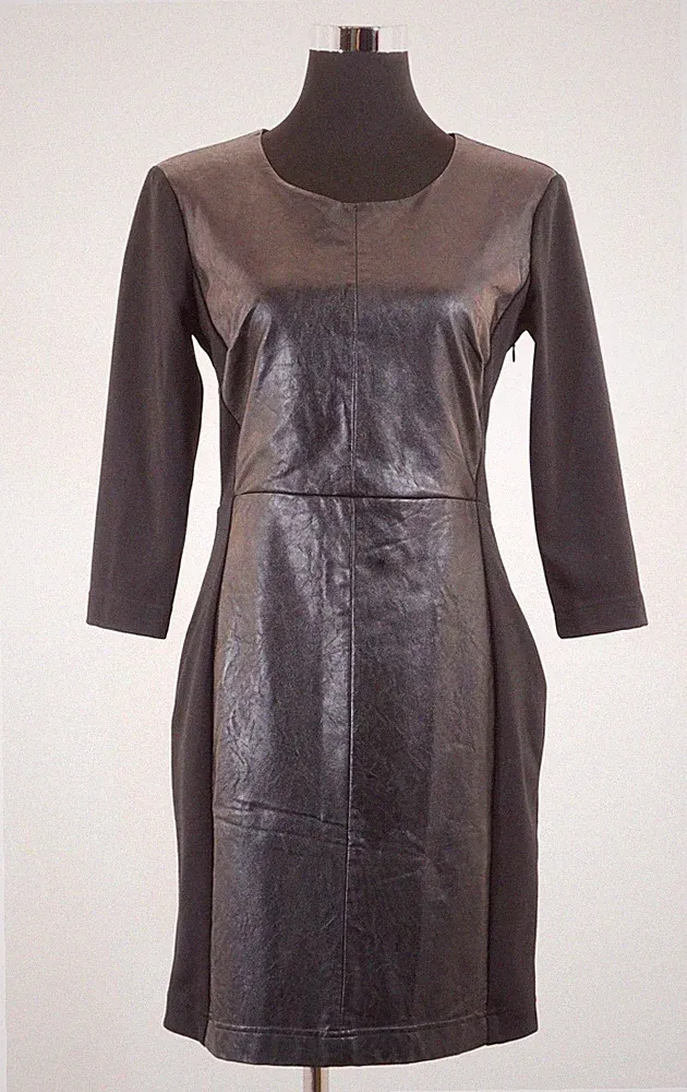 SET Kleid Etuikleid Gr 38 schwarz Kunstleder knielang Halbarm mit Viskose A224