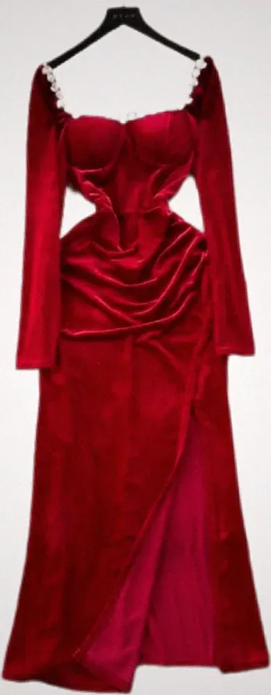Sexy Damen-Samtkleid, seitlich geschlitzt, mit Strasssteinen, Große L