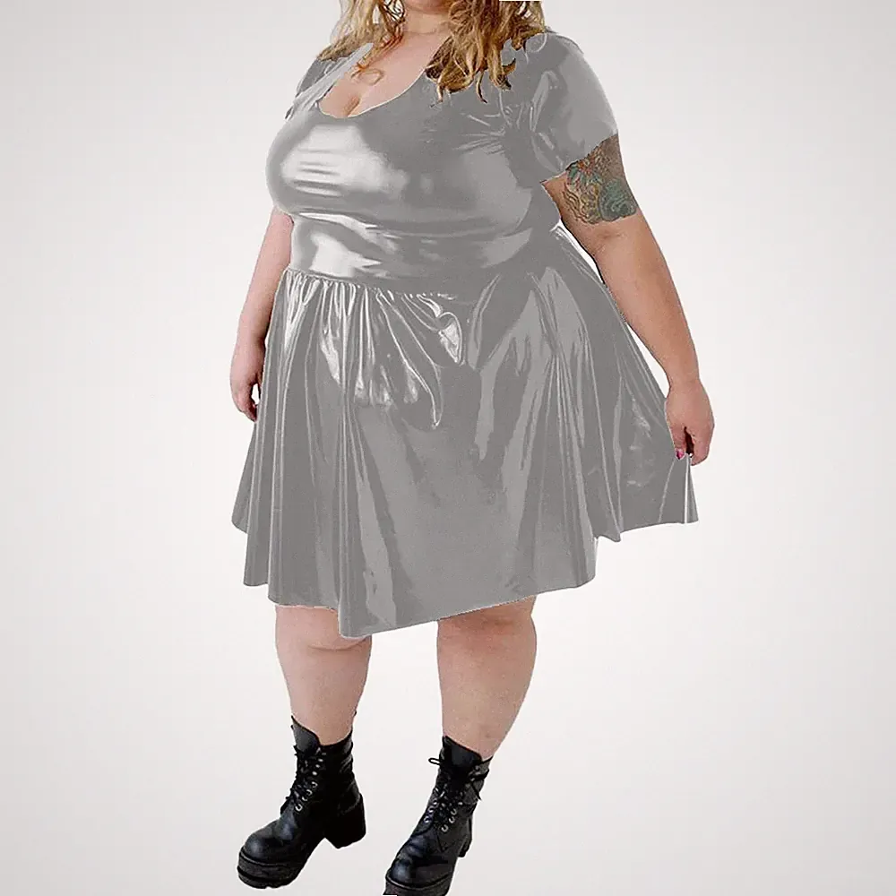 Sexy PVC High Waist A-Linie Minikleid U-Ausschnitt Kurzarm Plissee Kleid