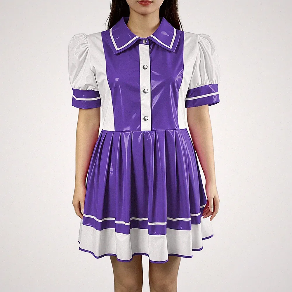 Sexy PVC Vinyl Minikleid Umlegekragen Knopf Ausgestelltes A-Linien Kleid