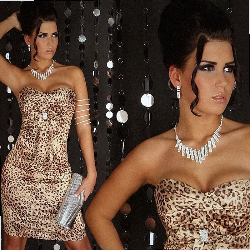 Sexy Satin Bandeau-Kleid Etuikleid mit Strass Leopard #AK260