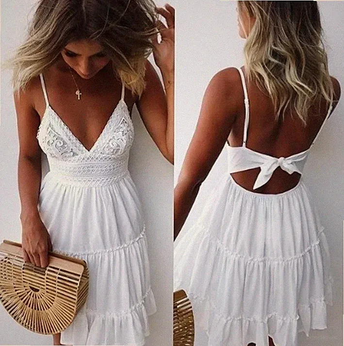 Sexy Sommerkleid Weiß Boho Spitze Rückenfrei Minikleid Strandkleid